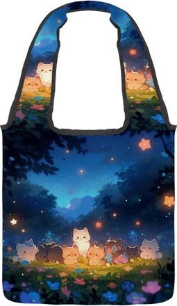 Generic Colorful Cartoon Kitten Reversible Canvas Shoulder Tote - Double-Sided Print, 12oz Cotton, 27cm Drop, Fold-Flat Bag for Travel, Shopping, Street Outin