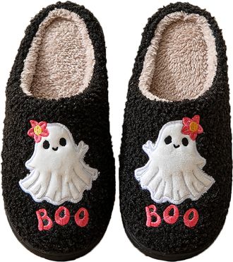 Generic Halloween Slippers,Halloween Pumpkin Slippers for Womens Mens,Soft Plush Warm Spooky Halloween Pumpkin Ghost House Slipper,Holiday Slip-On Indoor Outd