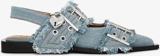 Ganni Faded Denim Feminine Buckle Ballerinas in with Charms - Size 35 Recycled Cotton