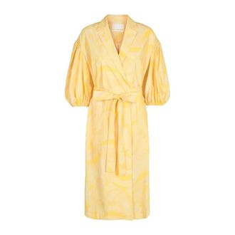 Remain Kleedjes, Dames, Geel, M, Katoen, Katoenen Wrap Jurk met Ballonmouwen