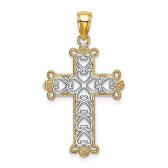 Diamond2Deal 14k Yellow Gold w/Rhodium Polished and Textured Beaded Cross Charm Pendant