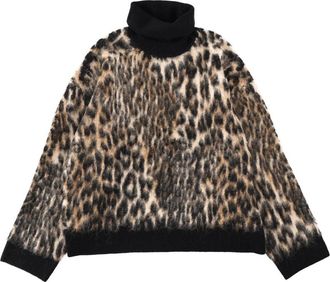 Ganni High-Collar Animalier Alpaca Wool Sweater - Brown