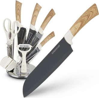 KASANOVA Ceppo con 4 coltelli, pelaverdure, forbici e affilacoltelli effetto legno