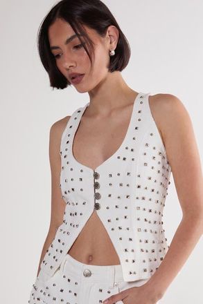 NASTY GAL Studded Denim Corset Top in White at Nordstrom, Size 10