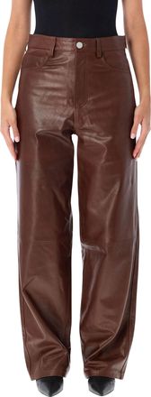 R&oacute;he Wide Leg Leather Pants with Five-Pocket Design