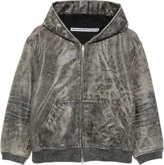 Alexander Wang Shrunken Leather Zip-Up Hoodie - Dames - Vesten met rits - Grijs - M - Katoen - Hoodies & sweatvesten