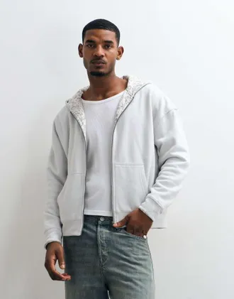 Hollister felpa con cappuccio reversibile con zip in grigio chiaro stampa leopardata