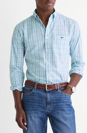 Vineyard Vines Lorelei Plaid Perfect Wash Stretch Cotton Button-Down Shirt in Mangrove Mint at Nordstrom, Size Small