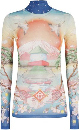 Casablanca High Neck Tulle Top With Multicolor Landscape Print