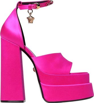 Versace Schoenen, Dames, Roze, 37 EU, Satijn, Medusa Aevitas Platform Sandalen