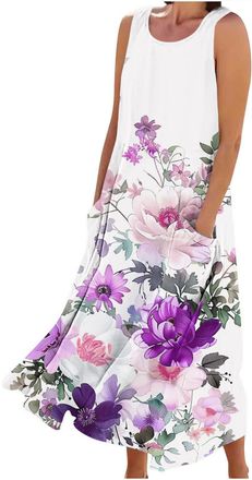Generic Womens Floral Print Summer Dresses Crew Neck Sleeveless Solid Maxi Dress Vacation Beach Casual Sundress Purple Travel Outfit Women XXL