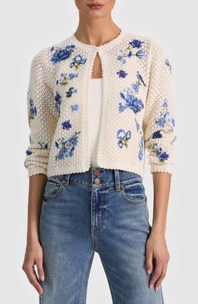 Alice & Olivia Anderson Floral Embroidered Cotton & Wool Cardigan in Fleur De Paris at Nordstrom, Size X-Large