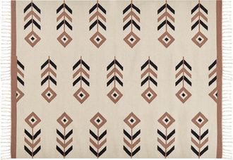 Beliani Alfombra Kilim De Algod&oacute;n Beige Negro 140 X 200 Cm Reversible Dormitorio Niavan
