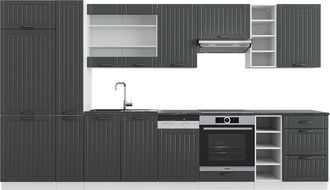 Vicco Mueble De Cocina Fame-line, Antracita Casa De Campo/blanco, 355 Cm Con Armario Alto, Sin Encimera
