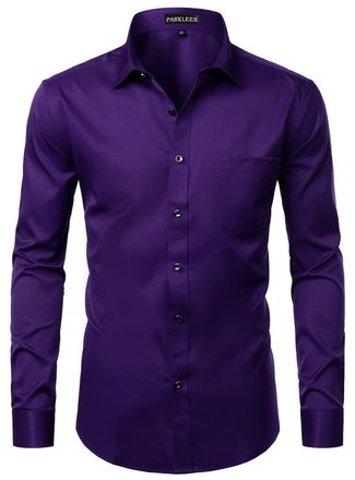 PARKLEES Mens Slim Fit Formal Long Sleeve Casual Business Party Dress Shirts with Chest Pocket Purple XXL