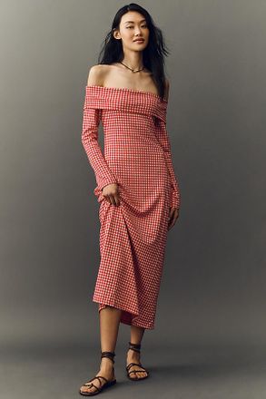 English Factory Off-Shoulder Gingham Long-Sleeve Midi Dress