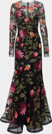 Carolina Herrera Floral-Embroidered Tulle Gown
