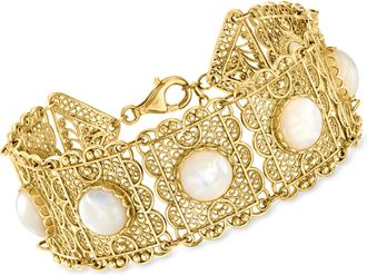 Ross-Simons Mother-Of-Pearl Filigree Panel Bracelet in 18kt Gold Over Sterling