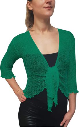Mimosa Ladies Crochet Shrug Bolero Glitter or Plain Super Stretchy Lace Fish Net Tie at Waist Bolero Open Cardigan Fits UK 6-28 Ocean Green