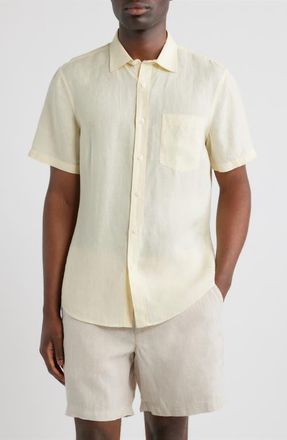 Nordstrom Solid Short Sleeve Linen Button-Up Shirt in Yellow Pale at Nordstrom, Size Xxx-Large