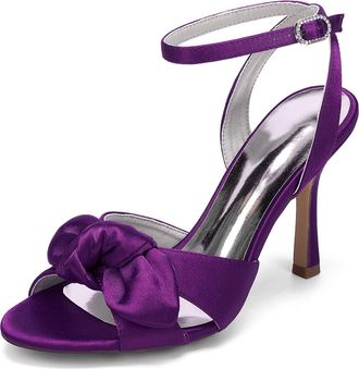 Generic Pearl Satin Bridal Stiletto Heel Womens High Heel Sandals Bowknot Wedding Party Shoes 9.5Cm,Dark Purple,10 UK