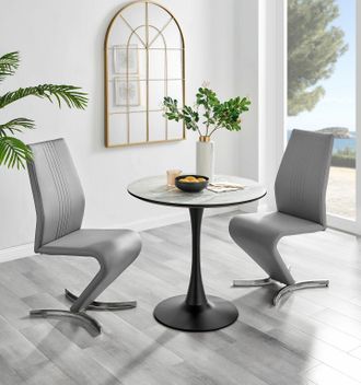 Furniturebox Elina White Marble Effect Scratch Resistant Dining Table & 2 Willow Faux Leather Chairs in Grey