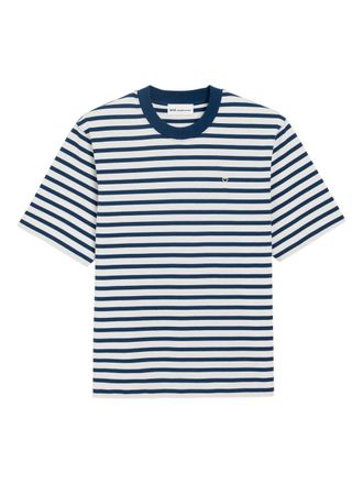 Ami Blue/White Cotton Striped Embroidered T-Shirt