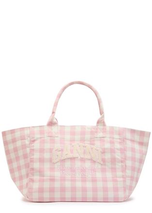 Ganni Vichy Xxl Checked Shopper Canvas Tote - Mauve - One Size