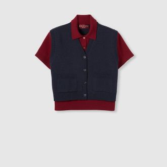 Gucci Wool Silk Polo Top With Vest Overlay, Blue, Ready-to-wear