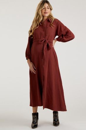 Pinkblush Gauze Belted Shirt Midi Dress in Rust at Nordstrom, Size Medium
