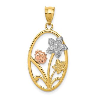 Diamond2Deal 14k Two-tone Gold White Rhodium Diamond-cut Oval Floral Pendant