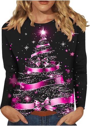 Generic Christmas Jumpers for Women Crew Neck Xmas Tree Long Sleeve Tops Ugly Jumper Christmas Santa Novelty Print Claus Tops Graphic Blouse Loose Warm Vintag