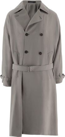 Giorgio Armani Double-Breasted Light Gray Nylon Coat With Waist Belt
