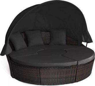 Costway Outdoor Wicker Daybed Patio Round Sectional Furniture Set w/ Canopy & Cushions