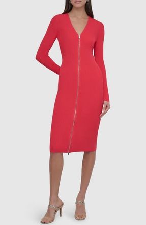 DKNY Front Zip Long Sleeve Rib Midi Dress in Watermelon at Nordstrom, Size Large