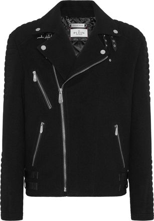 Philipp Plein logo-appliqu&eacute; padded biker jacket - men - Polyester/Viscose/Elastane/Lamb Skin/Polyester/Polyester - XXXL - Black