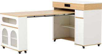 STILVORA Carro De Cocina Extensible Con 1 Caj&oacute;n, 3 Puertas Y Enchufes Integrados Para Cocina Y Comedor En Mdf 50,5x110,5x95,5 Cm Blanco Y Natural