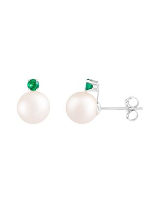 Splendid Pearls Vermeil Emerald 7-7.5Mm Pearl Earrings