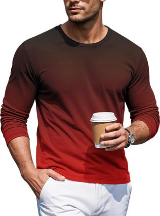 Generic Mens Long-Sleeved Gradient Color T-Shirt Round Neck T-Shirts Comfortable Crew Neck Tops