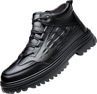 Generic Mens PU Leather Winter Boots Lace Up Short Boots with Side Zipper Flat Heel Warm Work Shoes,Black,7.5 UK