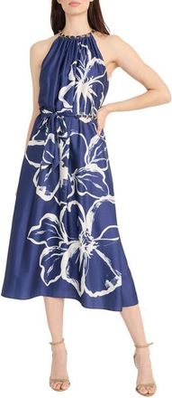 Maggy London Floral Halter Neck Belted Midi Dress in Navy/Ivory at Nordstrom, Size 12