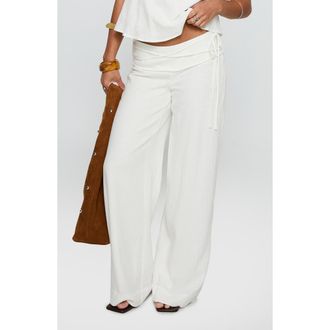 Princess Polly Silver Moon Tie Waist Linen Blend Pants in White at Nordstrom, Size 12