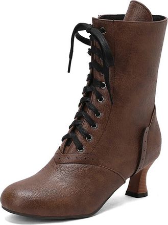 Generic Eestfy Womens Victorian Style Mid Calf Leather Lace Up Boots Kitten Heel Steampunk Party Dress Boots,Brown,4.5 UK