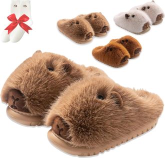 Generic Capybara Slippers, Fuzzy Animal Warm Anti-Slip Capybara Shoes Men Women Non-Slip Indoor Use (Light Brown, M, Adult, Women, 5, Numeric Range, UK Footwe