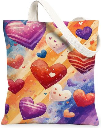 Generic Colorful Hearts Canvas Tote Bags, Artistic Heart Pattern Reusable Grocery Bags, ValentineS Day Lightweight Washable Should, Colorful, 13x15 Inch