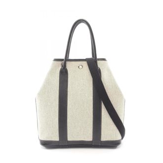 Herm&egrave;s Beige Black Ecru Toile H Canvas Leather Buffalo Leather Handbag Tote Bag (Pre-Owned)