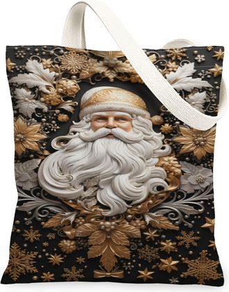 Generic Christmas Santa Canvas Tote Bags, Elegant Floral Pattern Reusable Grocery Bags, Winter Lightweight Washable Shoulder Strap, Black, 13x15 Inch