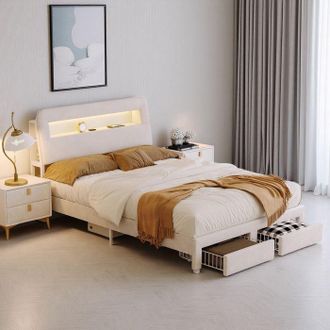OEM Cama 160x200 Cm De Terciopelo Beige - Cabecera Led Integrada, Usb, 2 Cajones, Somier Incluido, Marco De Metal