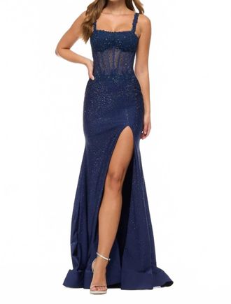 Sherri Hill Fitted Hot Fix Gown In Navy