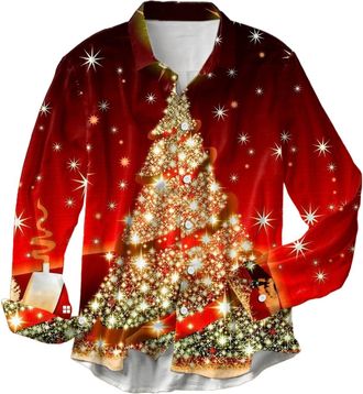 Generic Shirts for Men UK Casual Wedding Work Button Down Shirts with Pocket Male and Winter Christmas Theme Long Sleeve Shirt Lapel All Print Printed Single 